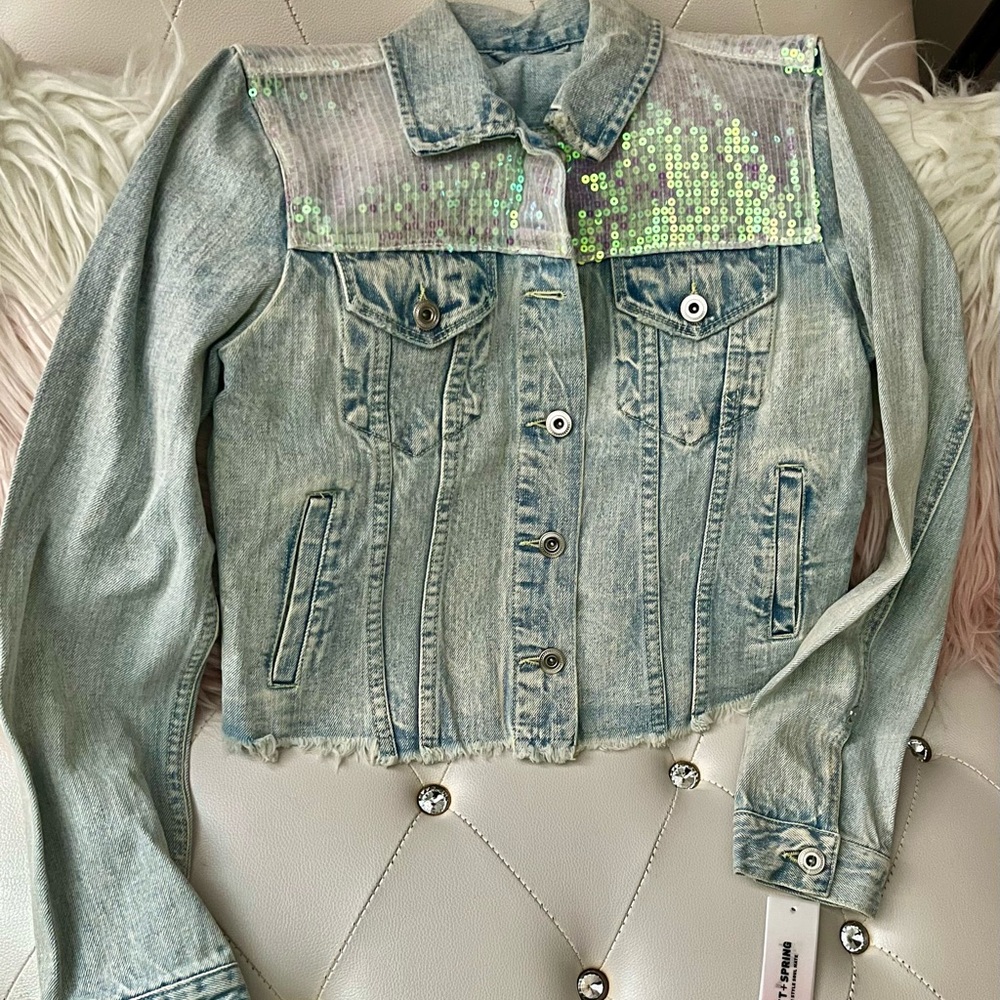 NEW Sunset & Spring Light Denim Wash Sequin Denim Jacket Size Small - Picture 5 of 15